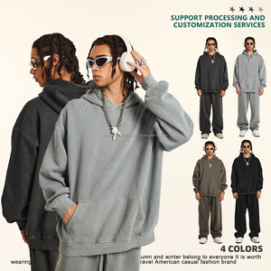 Sweats à capuche délavés à l'acide avec logo personnalisé pour hommes Streetwear tricoté surdimensionné avec un look vieilli décontracté hiver col à capuche commande en gros - Product Image 3