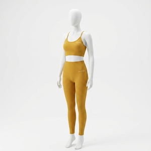 Conjunto de Yoga Acanalado Amarillo Mostaza para Mujer: Top Corto y Leggings de Cintura Alta para Gimnasio, Fitness y Entrenamiento - Conjunto de Dos Piezas - Product Image 1
