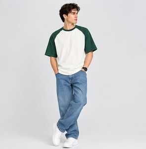 Men's Raglan <b>Sleeve</b> Solid T-Shirt <b>White</b> Green O-Neck Regular Fit Casual 100% Cotton Front Logo Jersey <b>Top</b> - Product Image 5