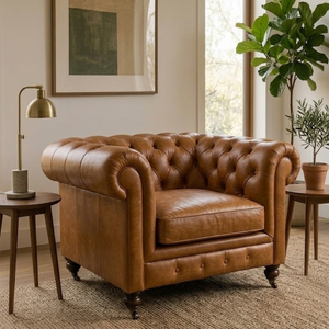 Premium Rolled Arm Single Sofa Chair in Tan Leather with Tufted Back for <b>Office</b> Lounge Seating Chesterfield Leather Single Sofa - Product Image 1