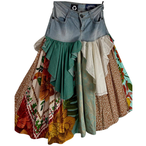 Chic Vintage Patchwork <b>Denim</b> <b>Skirt</b> with Natural Waistline Customizable <b>Women's</b> Midi <b>Skirt</b>-Vietnamese Supplier MOQ 50 Pcs - Product Image 1