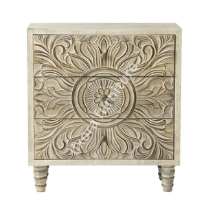Luxury Handcrafted Solid Wood 3 Drawer Nightstand Ornate Sunburst Floral Carving Antique White Finish - Product Image 5