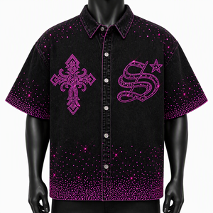 Custom Men Denim Short Sleeve <b>Shirt</b> <b>Y2K</b> Rhinestone Diamond Cross Sparkle Bling Button Down Oversized Hip Hop Streetwear Top Jean - Product Image 1