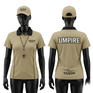 Maillot d'arbitre de netball haut de gamme en tissu piqué polyester 180 GSM, beige avec panneau latéral noir, logo personnalisé par transfert thermique - Product Image 1
