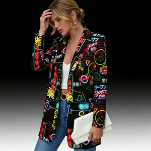 Oferta especial en Temu: Blazer de moda para mujer con estampado de grafiti, cuello de solapa, abertura frontal, estilo urbano, informal, para oficina. - Product Image 1