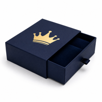 Boîte cadeau de luxe bleu foncé personnalisée avec logo couronne dorée et insert en velours 150x150x50mm pour emballage de bijoux