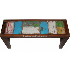 Banc Rita en bois de bateau récupéré, pieds droits, patchwork, démontable, couleur naturelle, design minimaliste et durable, pour l'intérieur et l'extérieur - Product Image 5