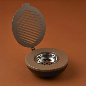 Modern <b>Silver</b> Metal Incense <b>Burner</b> Hinged Slotted Lid Round Bakhoor Oud Censer With Wooden Base For Home Decoration - Product Image 6