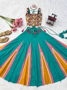 Ladies Teal Green Flared Panel <b>Lehenga</b> Choli Set Kutchi Mirror Work <b>Crop</b> <b>Top</b> Indo Western Garba Dress Ready to Ship - Product Image 6