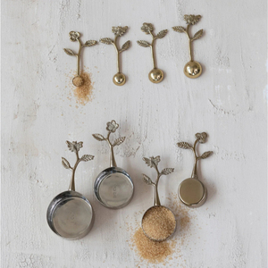 Stainless Steel <b>Measuring</b> <b>Cups</b> Spoon <b>Set</b> For Kitchen Precision Gold Color Plated With Brass Made Handle With Leaf Design <b>Set</b> - Product Image 2