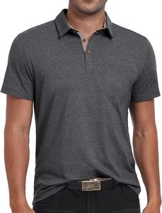 Polo à manches courtes gris foncé pour homme, couleur unie, tricoté, décontracté, avec poche, respirant, coupe classique - Product Image 5
