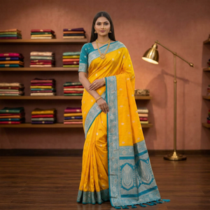 <b>Yellow</b> Banarasi Silk <b>Saree</b> With Blue Zari Border And Blouse For Women Traditional Indian Wedding Wear - Product Image 5