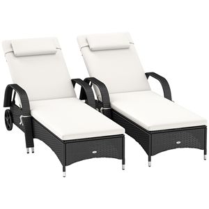 2 Sedie a Sdraio Reclinabili da Esterno Color Crema con Cuscino, Poggiatesta, Braccioli Girevoli in Teak Massiccio e Ruote per Hotel - Product Image 1