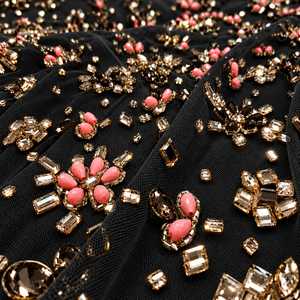 Pink Tulle <b>Fabric</b> With <b>Gold</b> Rhinestone Beaded Sequins Luxury Lace For Wedding Dress - Product Image 3