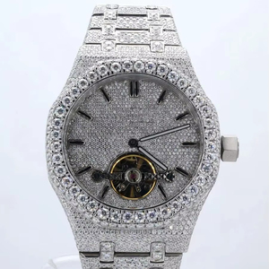 Montre mécanique automatique de luxe entièrement sertie de moissanite VVS avec lunette ronde en acier inoxydable et tourbillon à échappement visible - Product Image 1