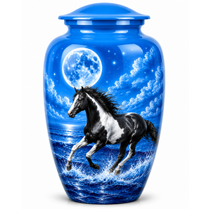 Hermosa urna funeraria de esmalte azul natural con imagen conmemorativa de caballo para cenizas humanas - Product Image 1