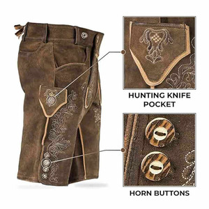<b>Men</b>’s Bavarian Lederhosen Traditional German Oktoberfest Embroidered Vintage Brown Leather <b>Shorts</b> with Belt - Product Image 3
