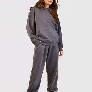 Conjunto de dos piezas de chándal de algodón grueso para mujer: sudadera con capucha de hombros caídos y pantalones de chándal de pierna recta - Product Image 6