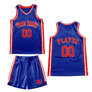 Conjunto de Uniforme de Baloncesto Retro Azul Personalizado, Jersey con Borde de Texto Rojo y Blanco, Pantalones Cortos, Diseño Retro con Nombre y Número del Equipo - Product Image 2