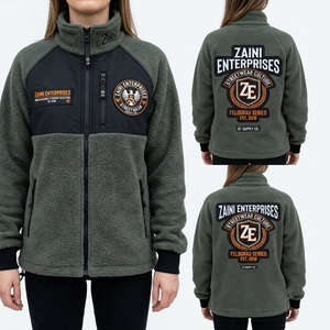 Women 320 GSM Sherpa Polar Fleece <b>Jacket</b> Olive Green Black Contrast Panel Custom Embroidery Patch Logo Winter Wear - Product Image 1