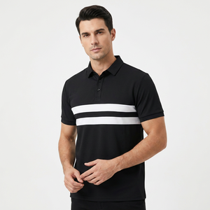 Polo à manches courtes noir pour homme avec blocs de couleur rayés blancs, design tricoté décontracté - Product Image 6