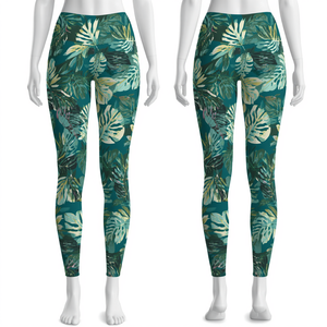 Leggings de Yoga de Cintura Alta para Mujer, Elásticos, de Spandex/Nailon, con Estampado de Hojas Tropicales, Colores Personalizables AND1, con Logotipo - Product Image 1