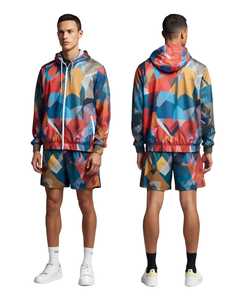 Conjunto Corto de Chaqueta Cortavientos con Capucha y Estampado Geométrico para Hombre, Ligero, de Secado Rápido, Estilo Urbano, con Cremallera Completa en la Manga - Product Image 2