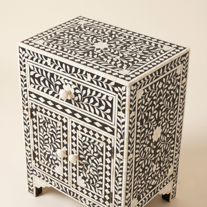 Handmade Modern Eco-Friendly Bone Inlay <b>Bedside</b> <b>Table</b> with 2 Drawers and Ottomans - Product Image 3