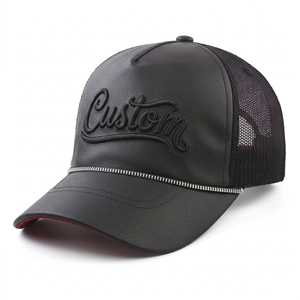 Casquette Trucker en Cuir PU Noir avec Logo Personnalisé, Dos en Maille, 5 Panneaux, Snapback, Visière Zippée, Style Streetwear, Vente en Gros pour Hommes et Femmes - Product Image 1