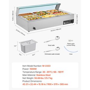 Scaldavivande Elettrico in Acciaio Inox da 1500W con Coperchio in Vetro e 9 Vaschette per Buffet Bain Marie - Controllo Manuale della Temperatura - Product Image 4