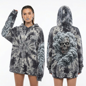 Sudadera con capucha para mujer, color ciruela oscuro, con estampado tie-dye y salpicaduras de tinta en las mangas, gráfico Scream Zombie, de tejido grueso, con efecto desgastado, estilo moda alternativa - Product Image 4