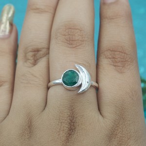 925 Sterling Silver Crescent Moon <b>Ring</b> Natural Emerald Gemstone <b>Adjustable</b> Open <b>Ring</b> Handmade Minimalist Women Jewelry for her - Product Image 6