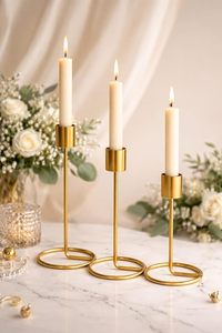 Set of 6 Gold Metal <b>Taper</b> <b>Candle</b> Holders Elegant Decorative Stands Home & Wedding Table Centerpiece At Wholesale Export Supply" - Product Image 3