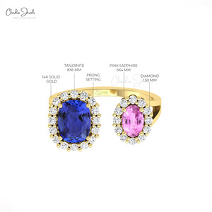 Anillo de Oro Sólido de 14K con Tanzanita Genuina de 8x6mm y Zafiro Rosa con Halo, Anillo de Compromiso de Lujo con Piedras Preciosas para Mujer, Chordia Jewels - Product Image 5