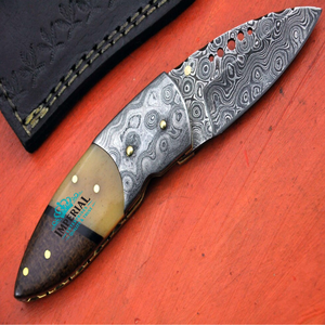 Cuchillo de Caza de Acero de Damasco con Hoja de Punta Caída y Mango de Madera con Funda de Cuero, OEM Disponible - Product Image 2