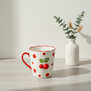 Taza de Porcelana Fina de Primera Calidad 3460987A-0.36 NUEVA con Estampado de Flor de Poinsettia y Puntos - Product Image 3