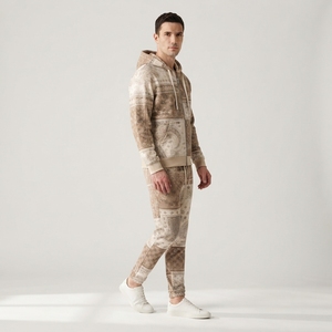 <b>Men</b>’s Vintage Patchwork Printed Zip-Up Hoodie & Jogger Tracksuit <b>Set</b> Casual Streetwear Loungewear - Product Image 2