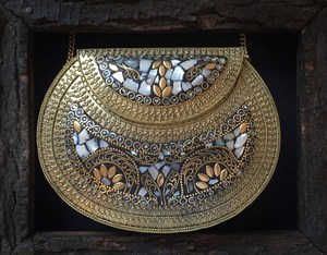 <b>Gold</b> Embellished Mosaic <b>Clutch</b> Sling Bag for Women | Vintage Ethnic Party Wear Purse <b>Gold</b> Party Wear <b>Clutch</b> Sling Bag for Women - Product Image 1