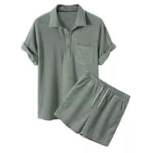 Casual 2 Piece Set <b>Men</b> Short Sleeve Collar <b>Shirts</b> Shorts Summer Waffle Cotton <b>Corduroy</b> <b>Men</b> Shorts Pants Suit - Product Image 1