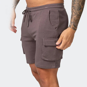 Shorts cargo gris uni en coton pour homme, taille mi-haute avec cordon de serrage, style décontracté, longueur bermuda, poches, tissu respirant - Product Image 3