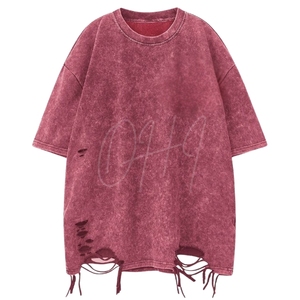 Camiseta de hombre personalizada oversize con efecto lavado y desgastado, estilo streetwear hip hop, corte holgado, bajo deshilachado, grunge, manga corta, para verano - Product Image 1