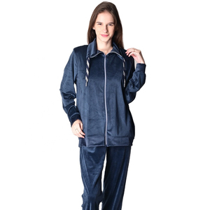 <b>Women's</b> Navy Blue Velvet <b>Tracksuit</b> Full Zip Hooded Casual Wear Solid Color Long Sleeve Winter Outfit With Side Pockets - Product Image 6