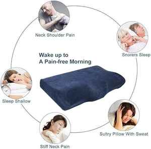 Oreiller cervical en mousse à mémoire de forme incurvée et ergonomique de style moderne Couverture amovible respirante en velours bleu uni - Product Image 4