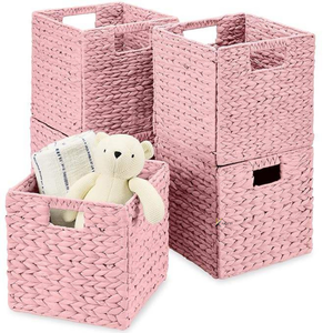 Wholesale Modern Eco-Friendly Rustic Pink Square Water Hyacinth Rattan <b>Storage</b> Basket Set Woven Bins Handles <b>Collapsible</b> <b>Storage</b> - Product Image 5