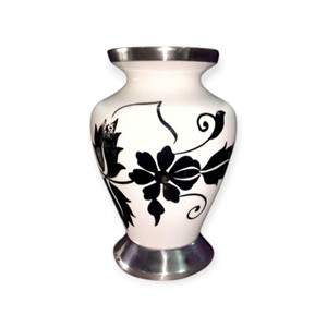 Urne funéraire blanche brillante avec motifs floraux noirs pour un hommage moderne et artistique - Product Image 1