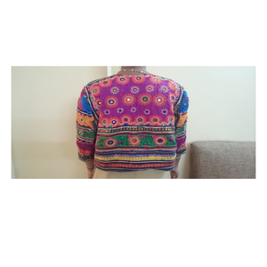 Tribal Indian Ethnic Banjara Jacket Women 100% Cotton Hand Embroidered Mirror Work Geometric Pattern Three Quarter Sleeve O-Neck - Product Image 3
