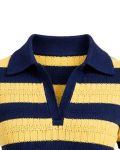 Combinaison en tricot rayée bleu marine et jaune citron pour femme, manches courtes, col polo, été, décontractée, une pièce, coupe ajustée, personnalisée - Product Image 5