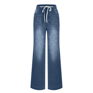 Pantalones Vaqueros Casuales de Pierna Recta y Corte Regular para Mujer, 100% Algodón, Cintura Media, Colores Personalizados, Diseño Nuevo con Lazos - Product Image 1