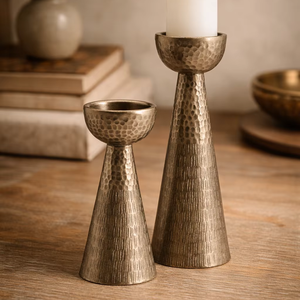 <b>Hammered</b> Metal Candle <b>Holder</b> Set – Decorative Iron Pillar Candle Stand for Home Decor <b>Hammered</b> Candle Pillar Brass Candle Stands - Product Image 1