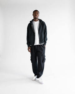 <b>Mens</b> Vintage Washed Black Full Zip Hoodie Plain Solid Color Heavyweight Sweatshirt Jacket Split Kangaroo Pocket Casual - Product Image 6